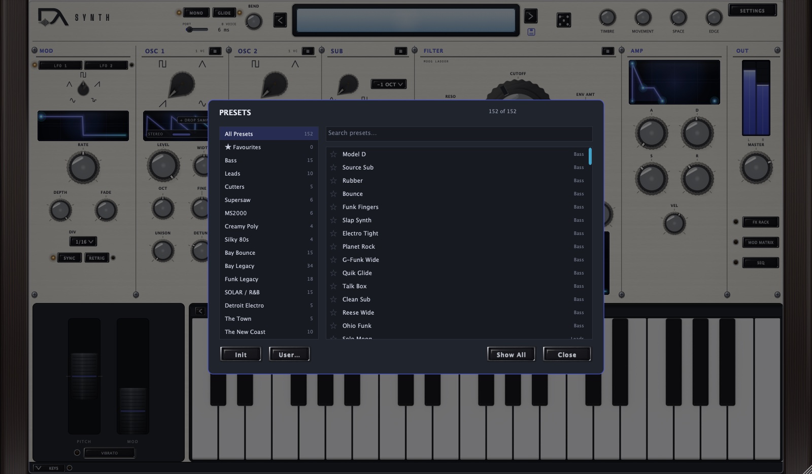 The DeAnalog Synth preset browser, showing all 14 collections with their preset counts