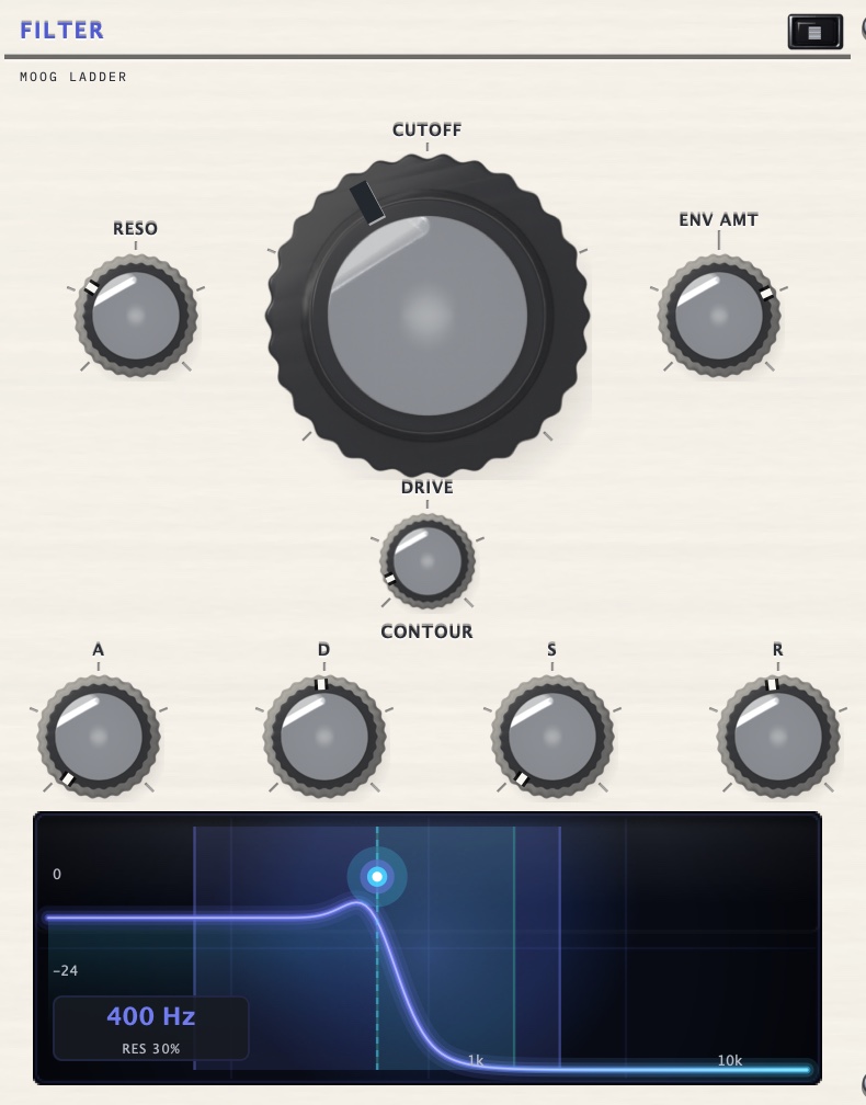 The filter section at 2× — cutoff, resonance, envelope amount, drive, contour and the live response curve